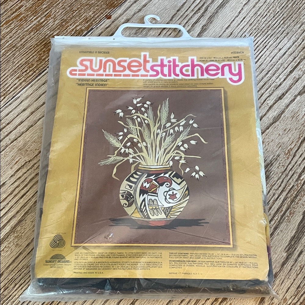 Sunset designs vintage 1970s crewel embroidery craft kit boho Aztec indigenous